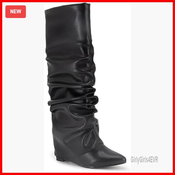 Slouchy Knee High Boots with Wedge Heel and Side Zipper